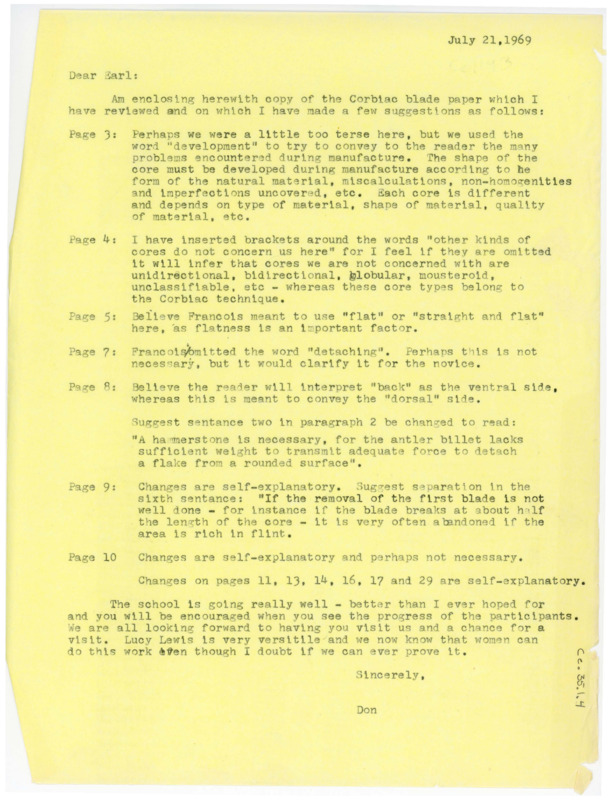 Letter including suggestions Crabtree feels should be considered in the Corbiac Blade publication he is working on. Crabtree notes field school is going well.