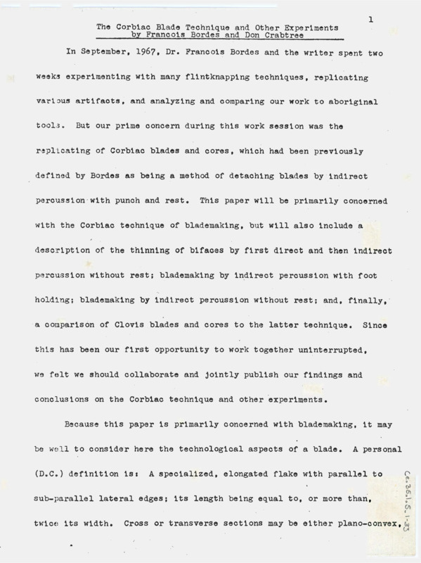 Two drafts of the Tebiwa article, "The Corbiac Blade Technique and Other Experiments." The drafts include needed edits before the article can be published.