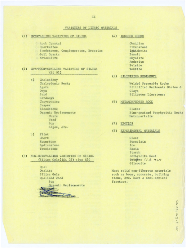 The "Individual Minerals" section of "The Flintknappers Raw Materials," with handwritten notes throughout. Associated with the other items classifed as: ce_b35_f10.