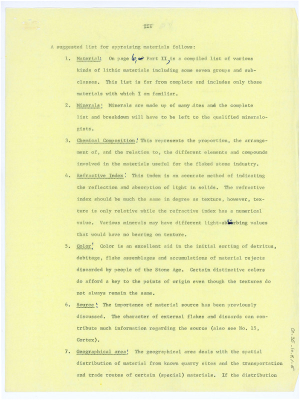 The list for appraising materials from the "The Flintknappers Raw Materials," with handwritten notes. Associated with the other items classifed as: ce_b35_f10.