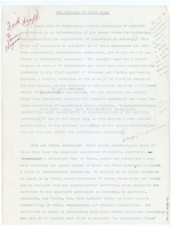 A paper discussing the need to understand the proper stone for toolmaking and the relationship between techniques and material, with handwritten notes throughout. The phrase "2nd draft, to Vance Haynes" appears in the top left corner. Associated with the other items classifed as: ce_b35_f10.