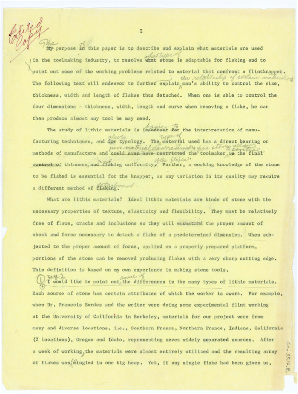 Section of "The Flintknappers Raw Materials," with handwritten notes throughout. The phrase "Edited Copy" appears in the top left corner. Associated with the other items classifed as: ce_b35_f10.