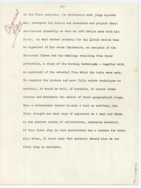 Copy of a draft of Crabtree's publication on flintknapping analysis.The work discusses what lithic analysis is, flintkanpping, and how experimental archaeology is important in this field. Crabtree shares some of his work and how to do lithic analysis.