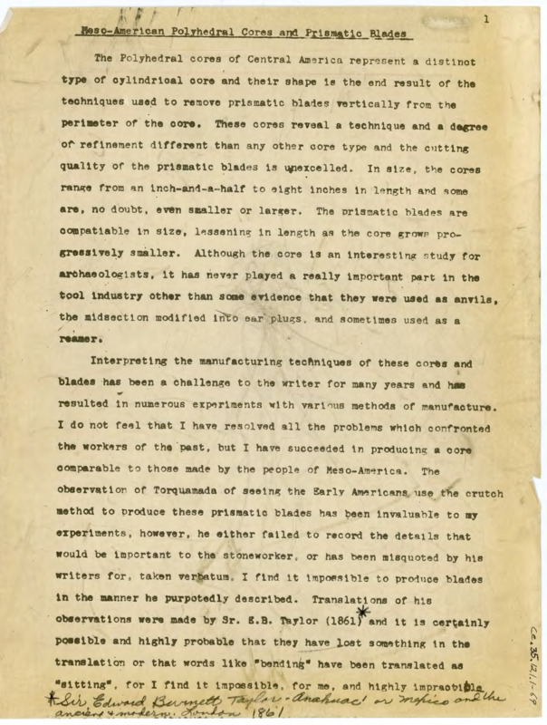 Draft of "Meso-American Polyhedral Cores and Prismatic Blades." The article includes some edits. The article shares information on how to flintknap prismatic blades.