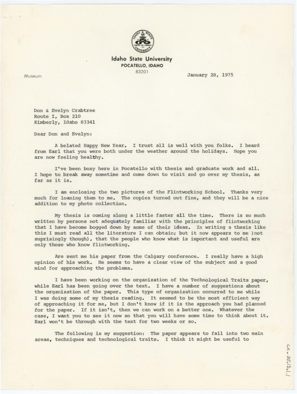 Letter discussing Statham's thesis work. He gives organizational edits to Crabtree's Technological Traits paper. He includes many lists of lithic technological traits and suggests having a recorded conversation about the traits and someone else will type it out.