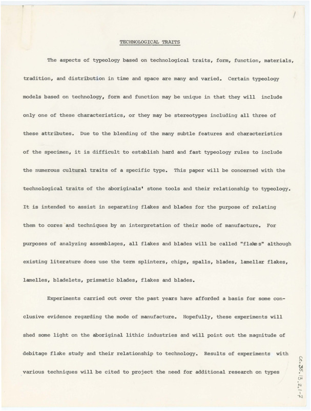 Copy of Crabtree's publication "Technological Traits." In it, he discusses the technology behind flintknapping and how typology impacts this study. He discusses how to categorize based on topology and how he analyzes lithic tools.