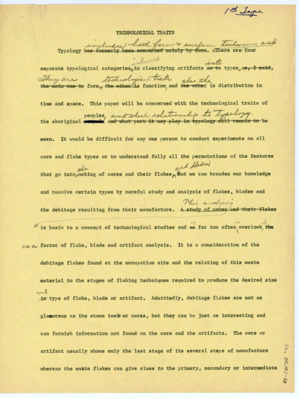 Drafts of a paper titled ""Technological Traits"" in which Crabtree details the factors of flake analysis in identifying typology. The paper includes edits.