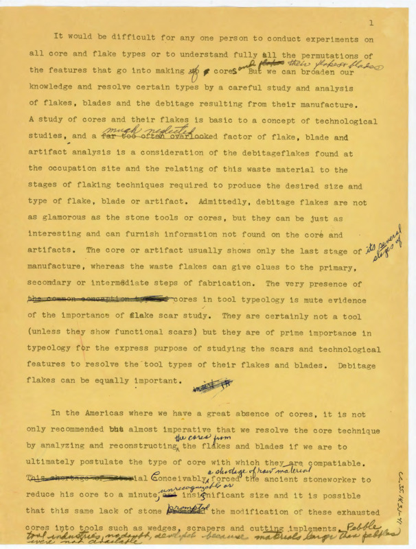 Draft of a paper titled ""Technological Traits"" detailing the process of flake analysis and identifying typology. There are many edits on the paper.