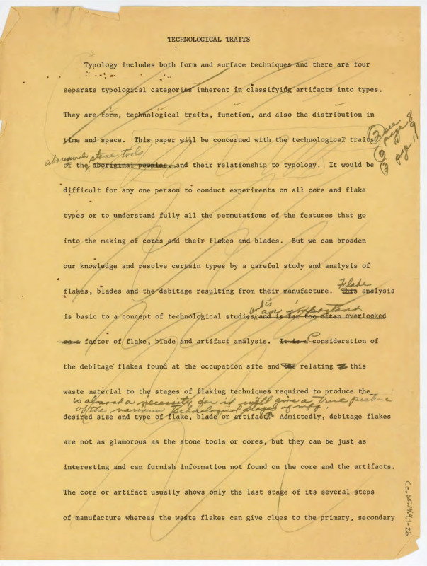 Edited draft of a paper titled, ""Technological Traits"" detailing the process of flake analysis and identifying typology. The article includes many edits.