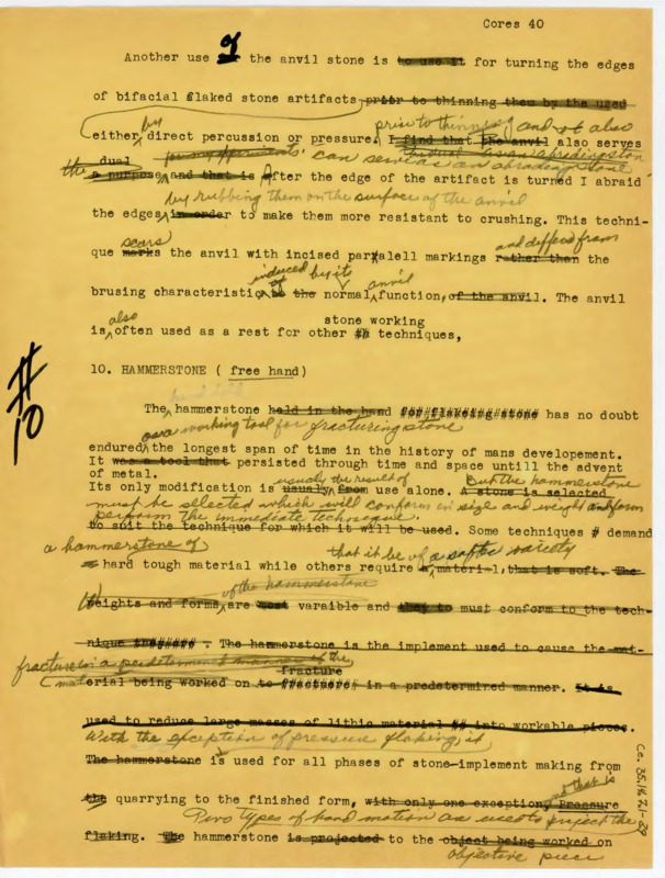 Heavily edited draft of a paper titled, ""Technological Traits"" detailing the process of flake analysis and identifying typology. The article is heavily edited with long commentary and drawings. This is a portion of the paper.