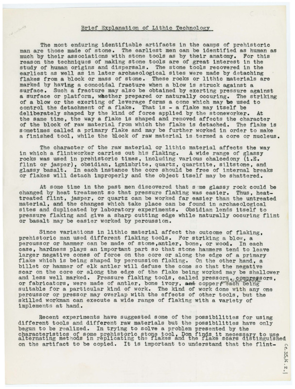 Excerpt from "Flaking Stone with Wooden Implements" discussing lithic technology. The excerpt looks at the history of lithic technology, how humans began make stone tools and the recent research on how the development of stone tools occurred. This is a copy of CE_B35_F16-Item1.