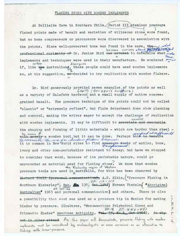 A drafted publication entitled "Flaking Stone With Wooden Implements". The draft has been annotated in pencil and blue ink.