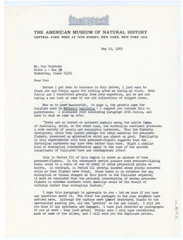 A letter from Richard A. Gould to Don Crabtree thanking him and Evelyn Crabtree for hosting him during a visit, followed by some editing suggestions for his drafted paper "Flaking Stone With Wooden Implements".