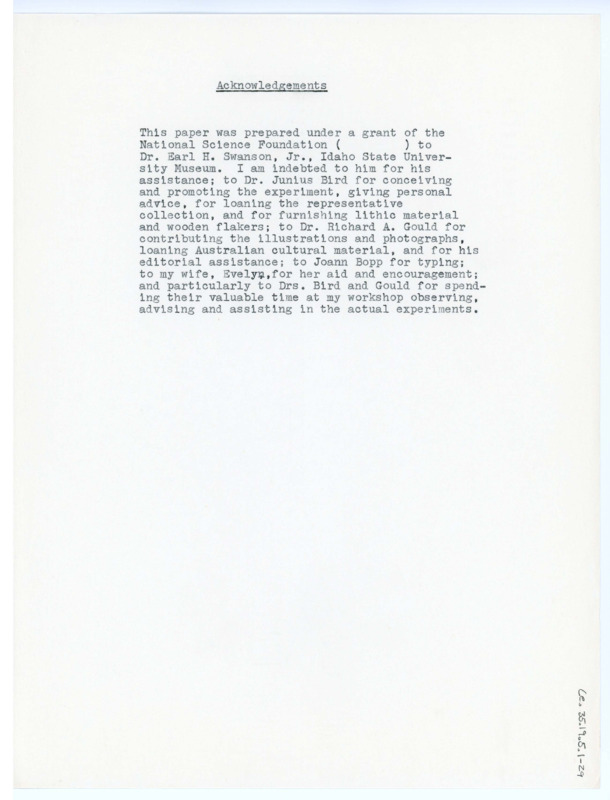 The final draft of Don Crabtree's "Flaking Stone With Wooden Implements". An acknowledgements section is included at the front of the paper.