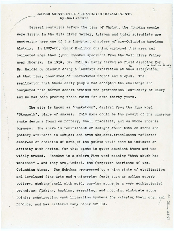 A paper discussing the pressure flaking techniques needed to fabricate Hohokam points, with handwritten notes throughout. Associated with item numbers: ce_b35_f2-item1 through ce_b35_f2-item3 and ce_b35_f3-item3.