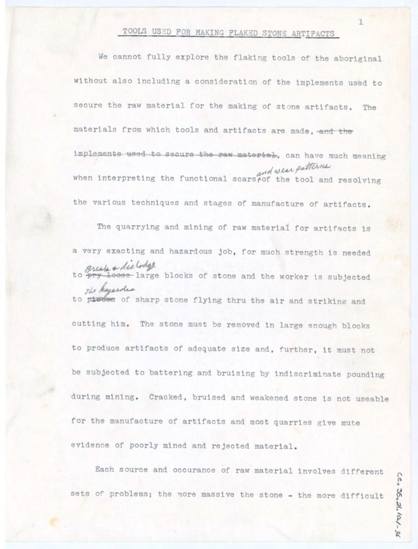 A drafted article entitled "Tools Used For Making Flaked Stone Artifacts". The paper is annotated with pencil.