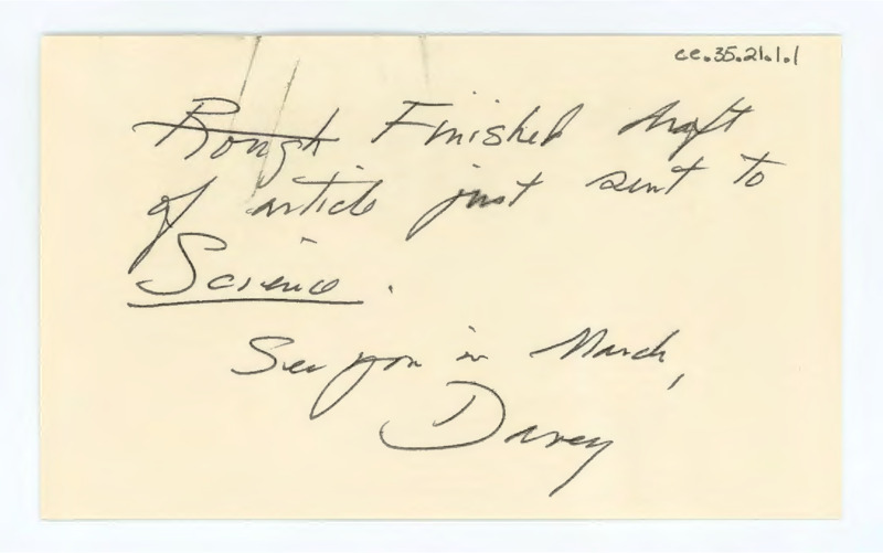 A drafted article entitled "Experiments in Making Wooden Implements by Means of Flaked Stone Tools" by Don Crabtree and E.L. Davis. The paper is annotated in pencil and includes a note from Davis that the finalized draft has been sent to "Science" magazine.