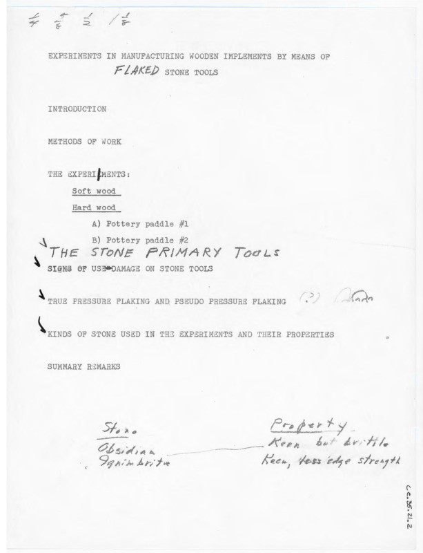 A rough outline of an article entitled "Experiments in Making Wooden Implements by Means of Flaked Stone Tools" by Don Crabtree and E.L. Davis. It is annotated in pencil.