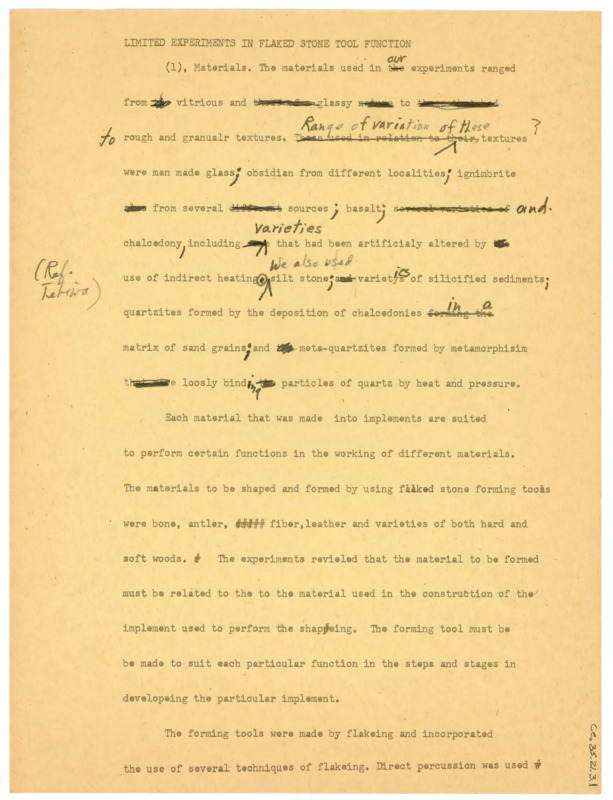 Drafting for an article on "Limited Experiments in Flaked Stone Tool Function". The paper is annotated heavily with pencil.