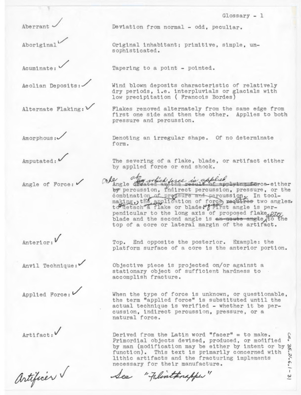 A drafted glossary of flintknapping terminology. It is annotated in pen and pencil.