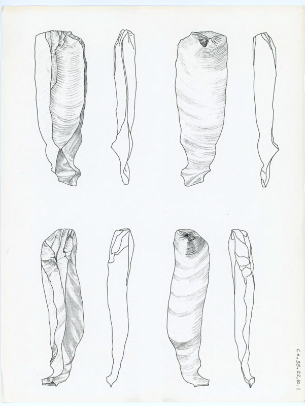 Drawings of lithic artifacts. Associated with item numbers: ce_b35_f22-item6 through CE_B35_F22-Item12. Published version item number: ce_b35_f38-item1.