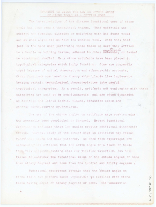 A paper discussing the use of obtuse angles on artifacts. Pages 10 through 14 include drawings. Associated with item numbers: ce_b35_f22-item6 through CE_B35_F22-Item12. Published version item number: ce_b35_f38-item1.