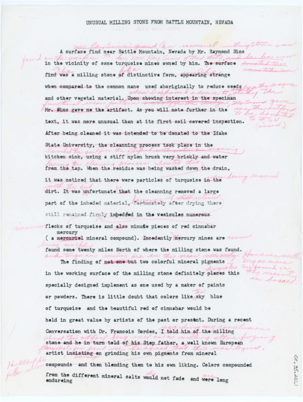 A paper discussing a miling stone found near Battle Mountain, Nevada by Mr. Raymond Sims that had two mineral pigments, turquoise and red cinnabar.