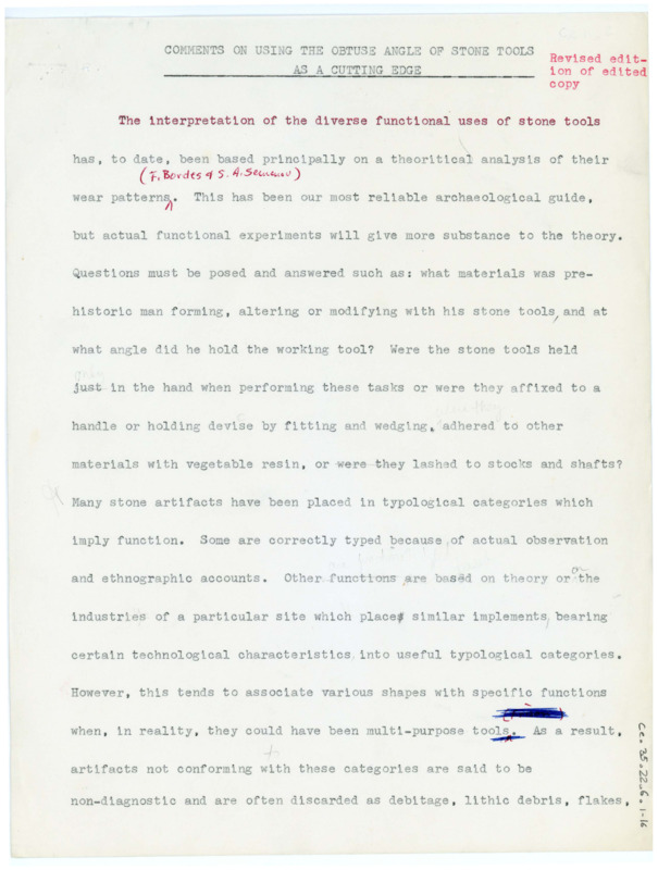 A paper discussing the use of obtuse angles on artifacts, with handwritten notes throughout. The phrase "Revised edition of edited copy" appears in the top right corner. Associated with item numbers: ce_b35_f22-item6 through CE_B35_F22-Item12. Published version item number: ce_b35_f38-item1.