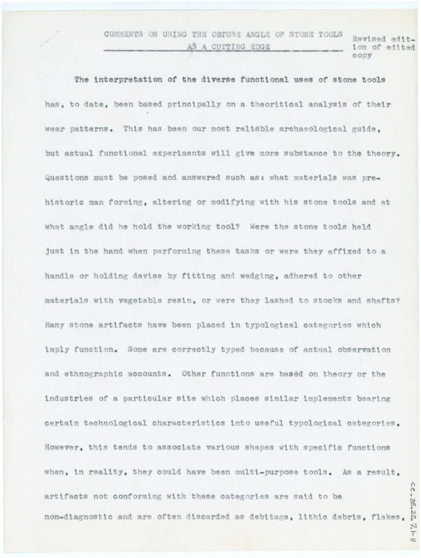 A paper discussing the use of obtuse angles on artifacts, with handwritten notes. The phrase "Revised edition of edited copy" appears in the top right corner. Associated with item numbers: ce_b35_f22-item6 through CE_B35_F22-Item12. Published version item number: ce_b35_f38-item1.