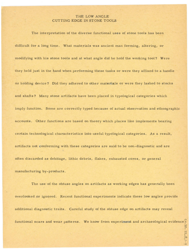 A paper discussing the use of obtuse angles on artifacts, with handwritten notes. The phrase "Revised edition of edited copy" appears in the top right corner. Associated with item numbers: ce_b35_f22-item6 through CE_B35_F22-Item12. Published version item number: ce_b35_f38-item1.