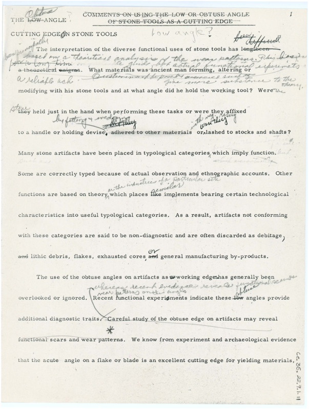 A paper discussing the use of obtuse angles on artifacts, with handwritten notes throughout. The phrase "Revised edition of edited copy" appears in the top right corner. Associated with item numbers: ce_b35_f22-item6 through CE_B35_F22-Item12. Published version item number: ce_b35_f38-item1.