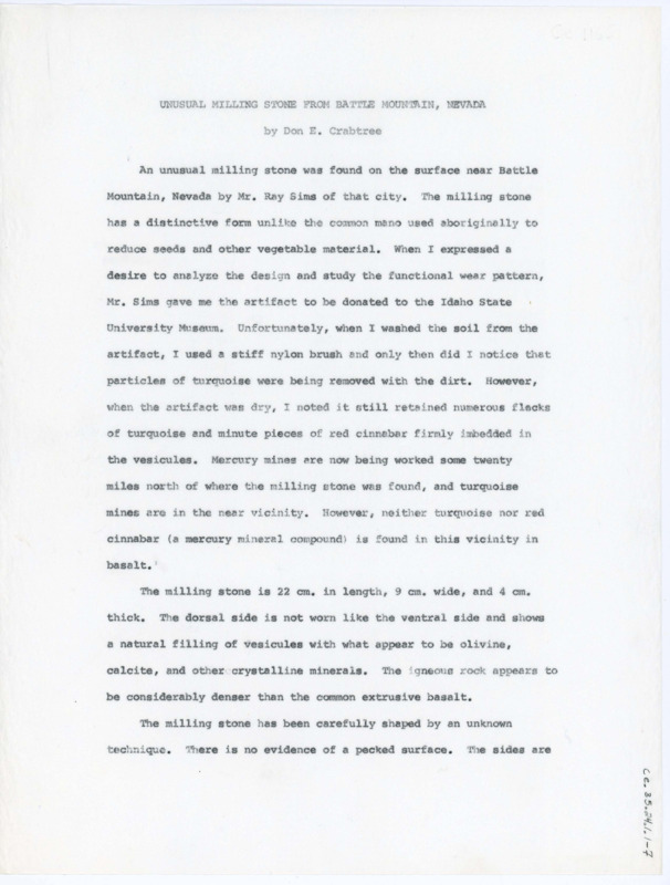 Copy of Crabtree's article titled "Unusual Milling Stone from Battle Mountain, Nevada." The article details Crabtree's experimentation and exploration of the functional wear pattern from an artifact found in Nevada.