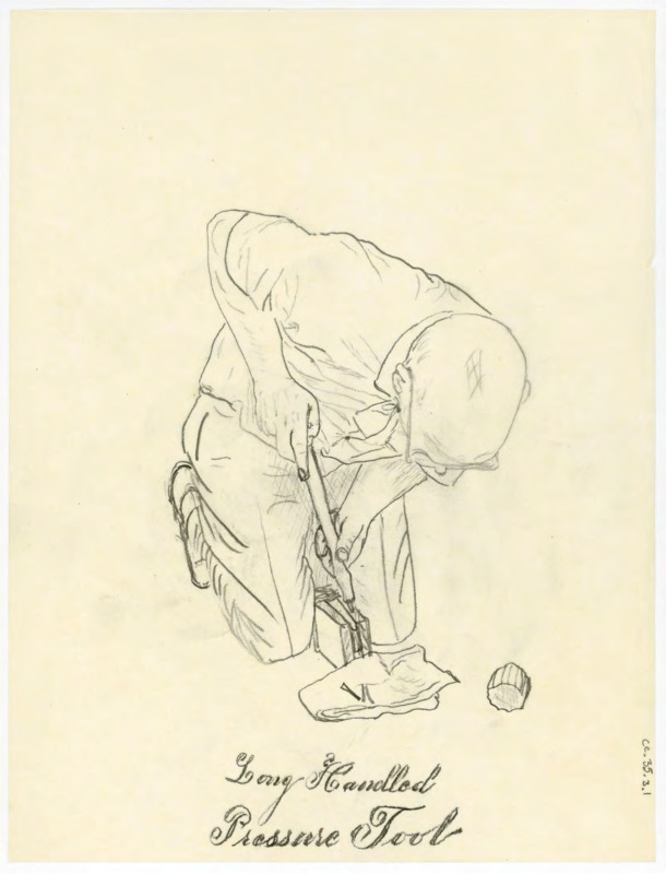 Drawing of Crabtree flintknapping titled, "Long Handled Pressure Tool." Could be a tracing. He is using a tool and on his knees.