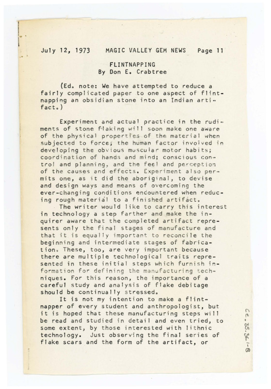 An article about flintknapping an obsidian stone into an Indigenous artifact. Published in the Magic Valley Gem News on July 12, 1973.