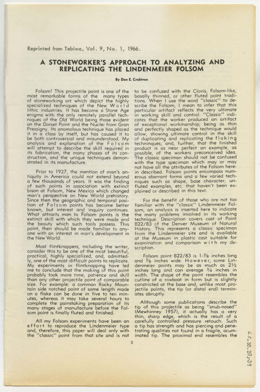 An article published in "Tebiwa" entitled "A Stoneworker's Approach to Analyzing and Replicating the Lindermeier Folsam" by Don Crabtree. The article includes various examples of Folsam points, replications thereof, and the tools used to create them. It was published in Volume 9 in 1966.