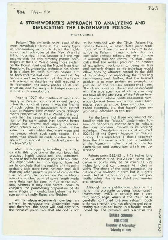 An article published in "Tebiwa" entitled "A Stoneworker's Approach to Analyzing and Replicating the Lindermeier Folsam" by Don Crabtree. The article includes various examples of Folsam points, replications thereof, and the tools used to create them. It was published in Volume 9 in 1966.