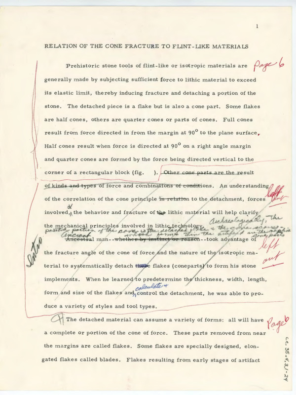 Edited copy of Crabtree's article "Relation of the Cone Fracture to Flint-like Materials." The article discusses the principles of cone fracture and includes many edits.