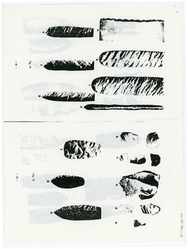 A set of articles entitled "Notes on Experiments in Flinknapping: 3 - The Flintknapper's Raw Materials" and "Archaeological Evidence of Acculturation Along the Oregon Trail" by Don Crabtree, and another titled "The Corbiac Blade Technique and Other Experiments" by both Don Crabtree and Francois Bordes. The first article is preceeded by illustrations and diagrams of lithic implements, and includes various flintknapping tools. The second contains images of lithic artifacts found near the Oregon Trail. The third includes diagrams of cores and blademaking. They were published in Volume 12 of "Tebiwa" in 1969.