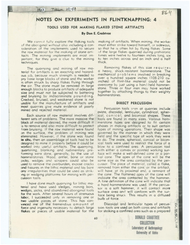 An article published in "Tebiwa" entitled "Notes on Experiments in Flintknapping: 4 - Tools Used For Making Flaked Stone Artifacts" by Don Crabtree. The article contains illustrations of percussion tools and pressure tools for flintknapping. The article was published in Volume 10 in 1967.