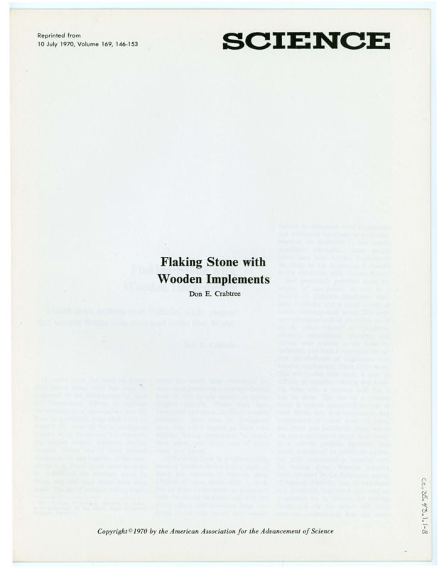 An article published in "Science" entitled "Flaking Stone with Wooden Implements" by Don Crabtree. The article includes various images of lithic bifaces, the flintknapping process, and diagrams of lithic implements. It was published in Volume 169 in 1970.