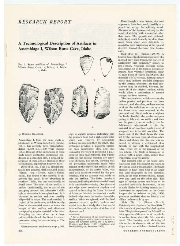 A research report entitled "A Technological Description of Artifacts in Assemblage I, Wilson Butte Cave, Idaho" by Don Crabtree. It includes illustrations of the artifacts found in the assemblage.