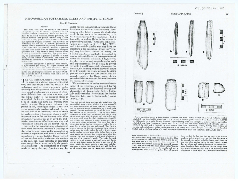 An article published in "American Antiquity" entitled "Mesoamerican Polyhedral Cores and Prismatic Blades" by Don Crabtree. It includes images of lithic core and blade artifacts, as well as replications thereof. It was published in Volume 33 in October 1968.