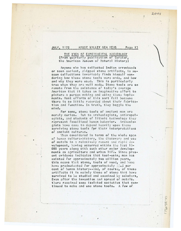 An article published in "Curator" entitled "The Idea of Experimental Archaeology" by Don Crabtree. It was published in July of 1972.