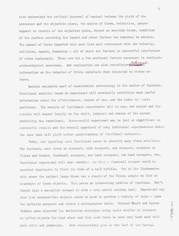 Two pages of Crabtree's article titled "The Potential of Lithic Technology." The pages have some edits and discusses functional analysis.