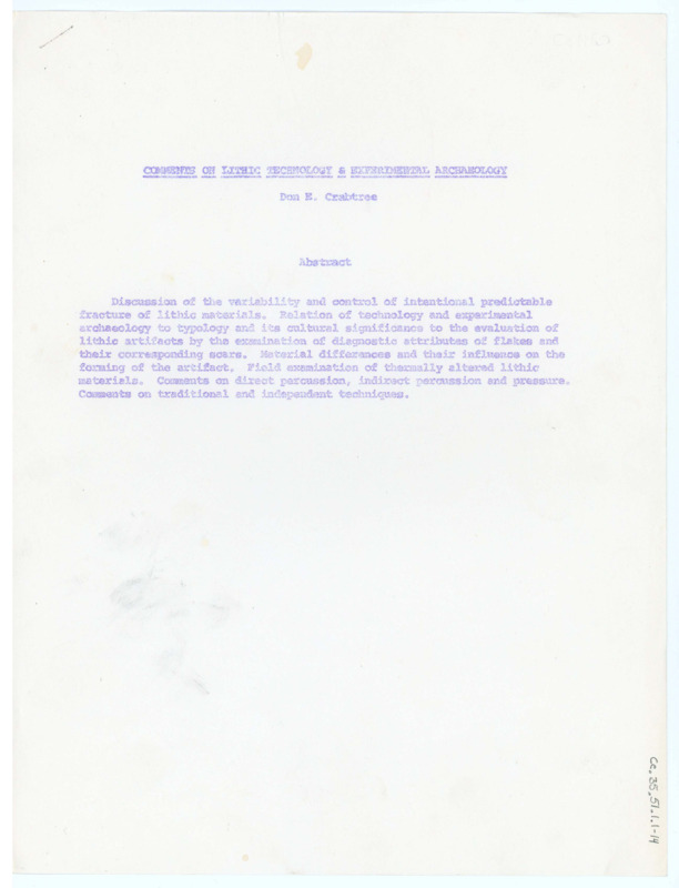 An article published in "Curator" entitled "Man's Oldest Craft Recreated" by Don Crabtree and Richard A. Gould. The piece is broken down into various sections with their own title cards that include lithic artifacts, illustrations of the flintknapping process, and diagrams of lithic implements. The cover includes a picture of Don Crabtree flintknapping. It was published in Volume 3 in 1970.