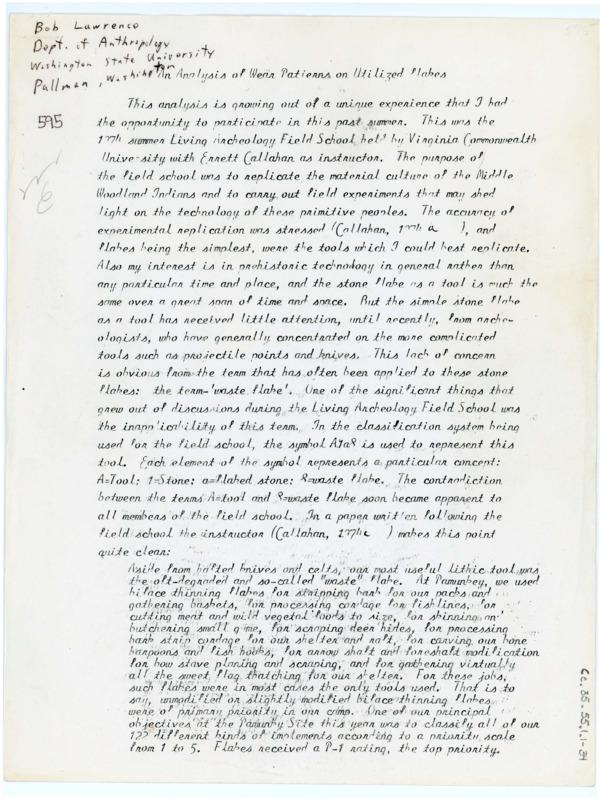 A paper discussing an experience at the Living Archeology Field School, with handwritten notes. "Bob Lawrence, Department of Anthropology, Washington State University, Pullman Washington" appears in the top left corner.