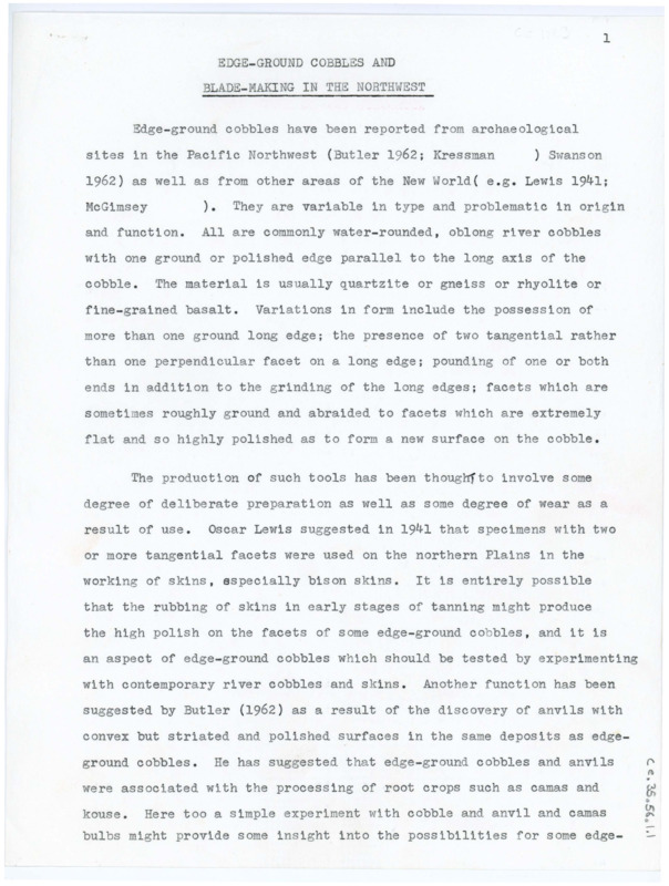 A paper discussing edge-ground cobbles found at archaeological sites in the Pacific Northwest.