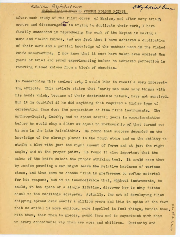 Copy of Crabtree's article titled, "Mexican Polyhedral Cores versus Folsom Points." Crabtree discusses how they are made in comparison and what this implicates.