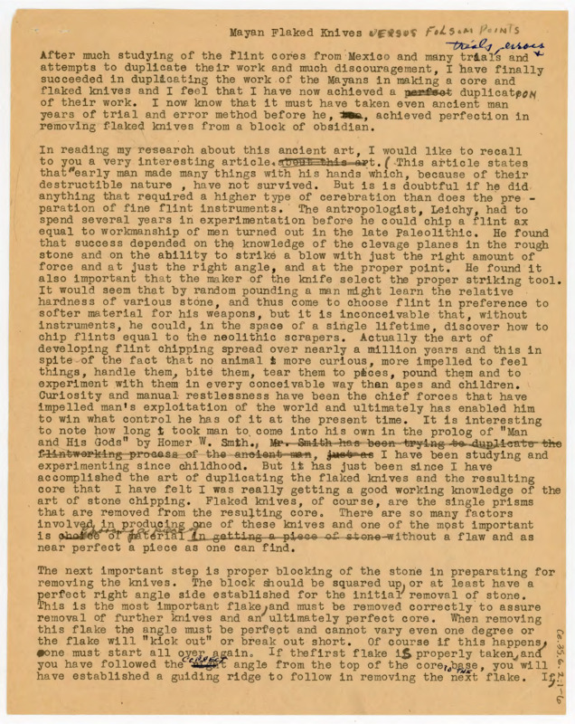 Edited copy of Crabtree's article titled, "Mayan Flaked Knives versus Folsom Points." The portion of the article discusses how to create a folsom point and Mayan Knife.