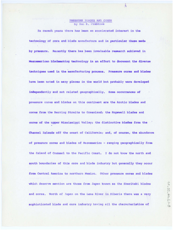 A paper discussing the pressure blades and cores created in Mesoamerica. Associated with item numbers: ce_b35_f8-item1 and ce_b35_f8-item3 through ce_b35_f8-item5.
